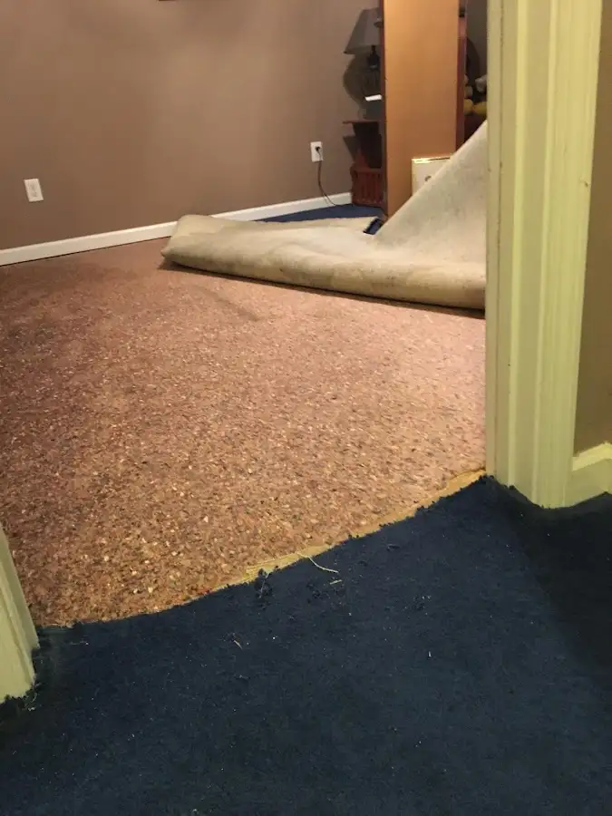 Carpet pad removal revealing water damage during Drying & Dehumidification in Schuyler